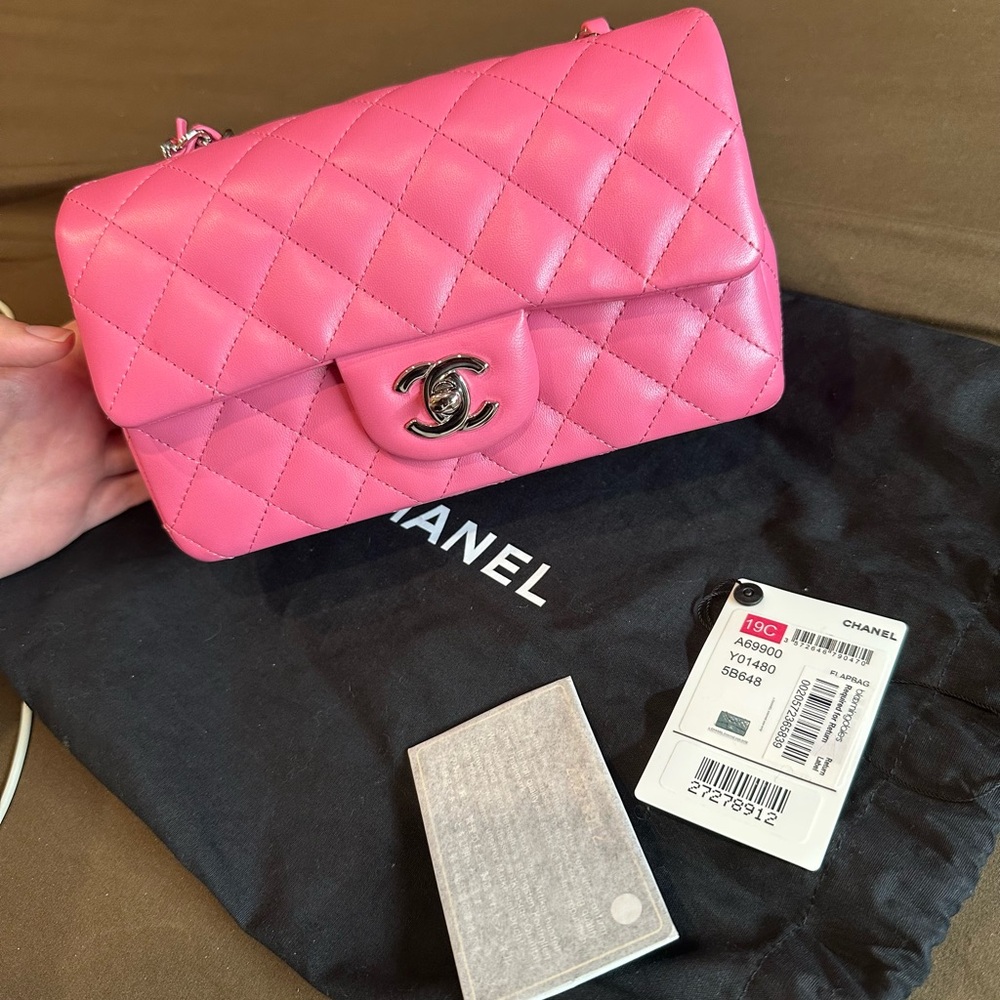Chanel Pink Lambskin Mini Rectangular Classic Single Flap Silver Hardware